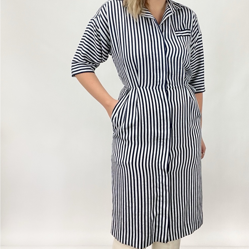 Vintage 80s Leslie Fay Navy Striped Shirt Dress